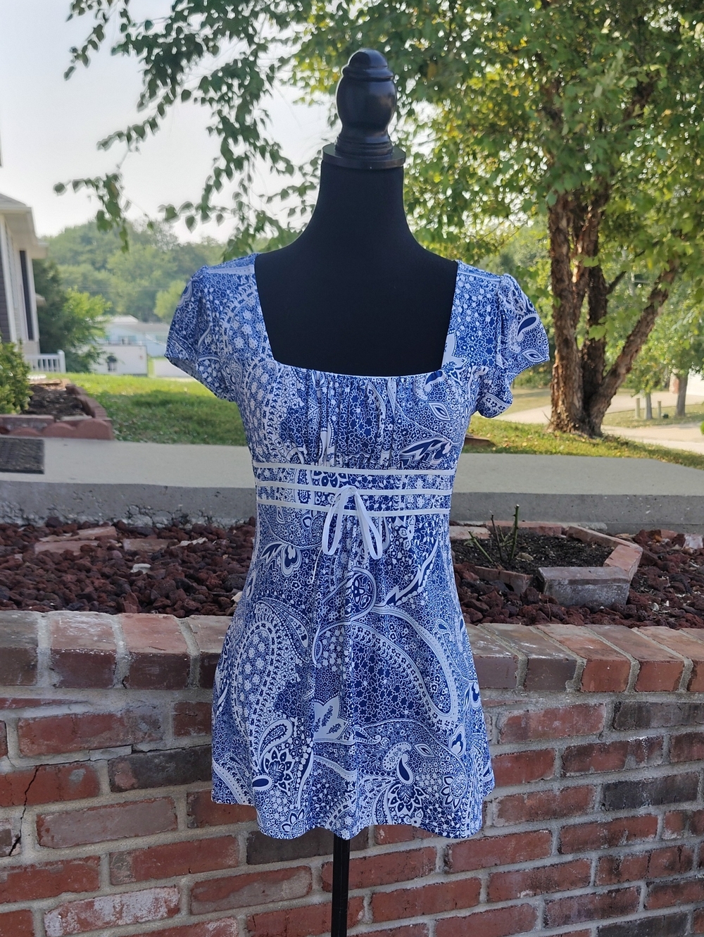 Vintage Studio Y Babydoll Square Neck Tunic Top Size S Y2K 90s Blue White Boho - Picture 2 of 15